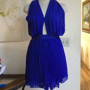 MARCIANO By GUESS Pleated Short Romper Halter Neck Backless Cutout Lined Blue XS